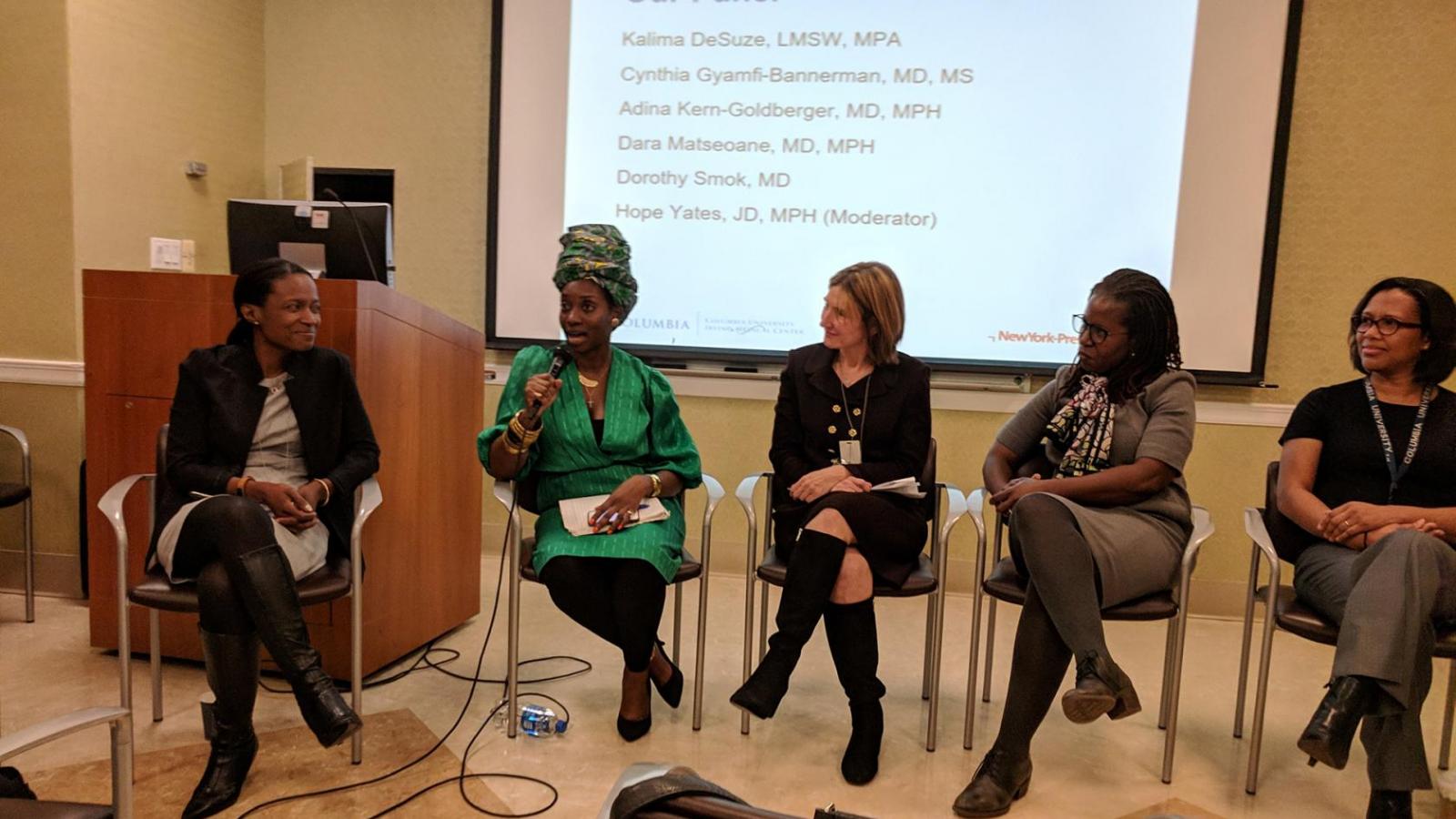 From left: Cynthia Gyamfi-Bannerman, MD, MSc; Kalima DeSuze, LMSW, MPA; Dorothy Smok, MD; Janice Aubey, MD; Dara Matseoane-Peterssen, MD, MPH