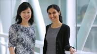 Dr. June Hou and Dr. Meghna Trivedi standing on a skyway at Columbia University Irving Medical Center